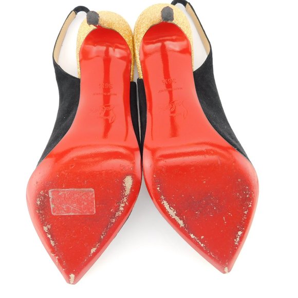 CHRISTIAN LOUBOUTIN Black Suede & Gold Glitter Sling Pumps 36.5 - Picture 7 of 9